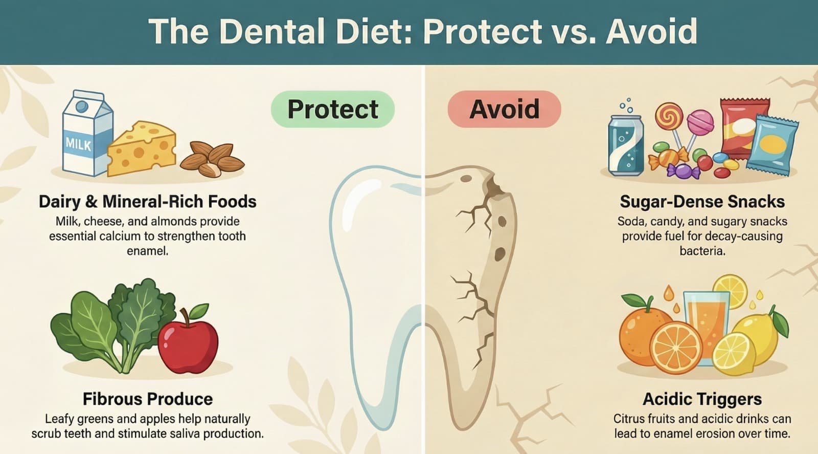 Daily habit infographic about healthy food choices for teeth